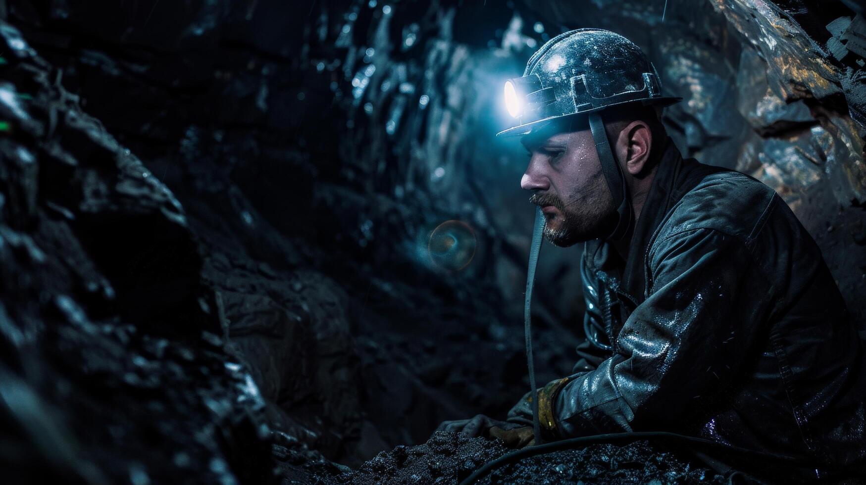 A coal miner wearing a hard hat and headlamp is sitting in a dark mine. photo