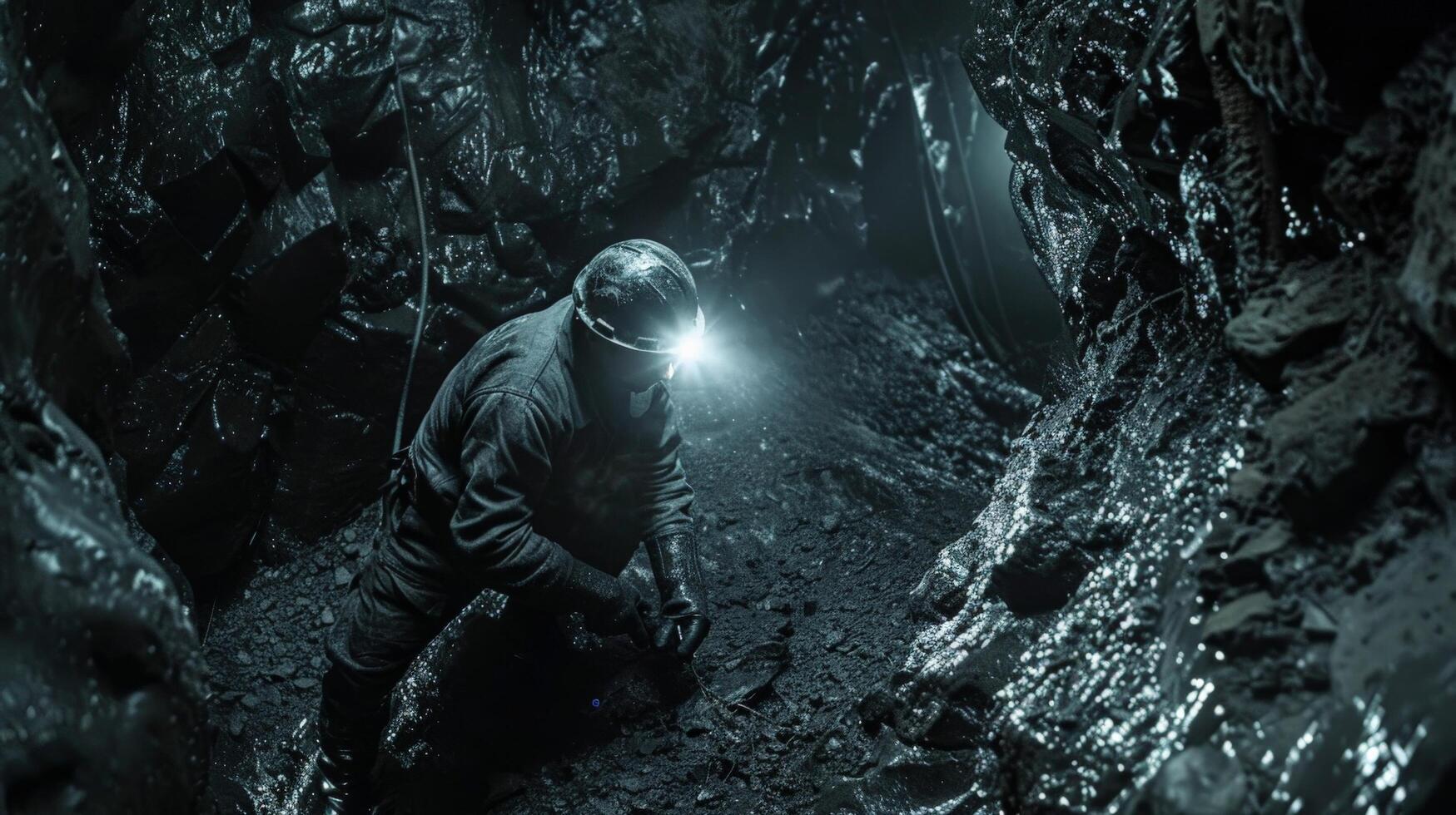 A lone miner wearing a headlamp is searching for precious gems in a dark cave. photo