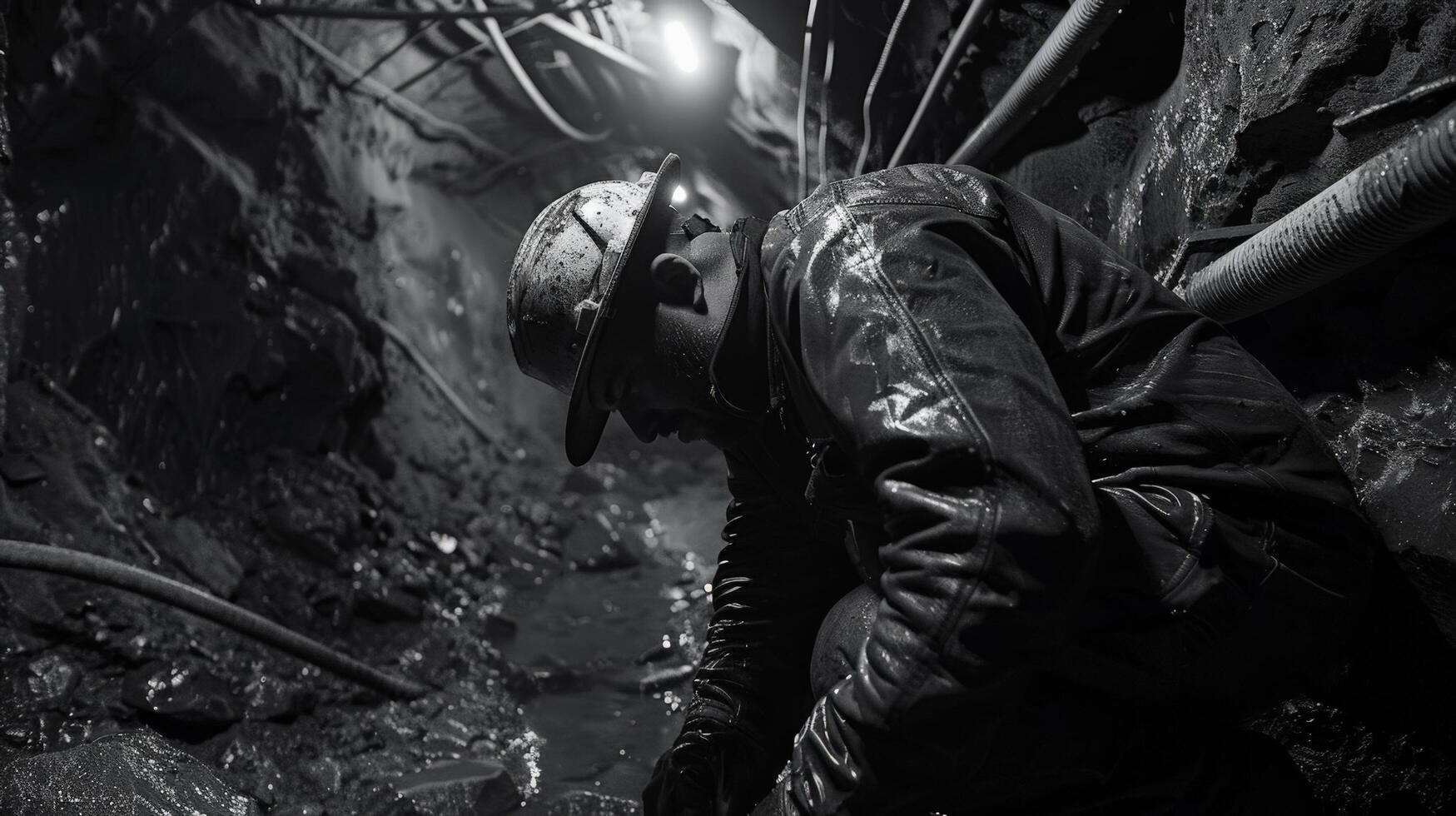 A black and white photo of a miner working in a wet and dirty mine.