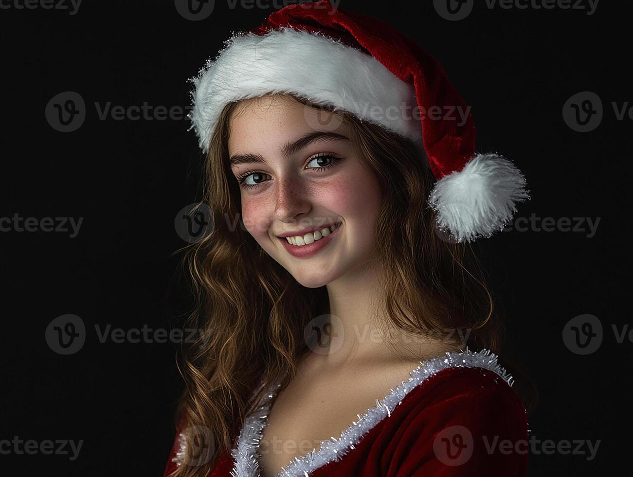 A young girl in a santa hat posing for a photo