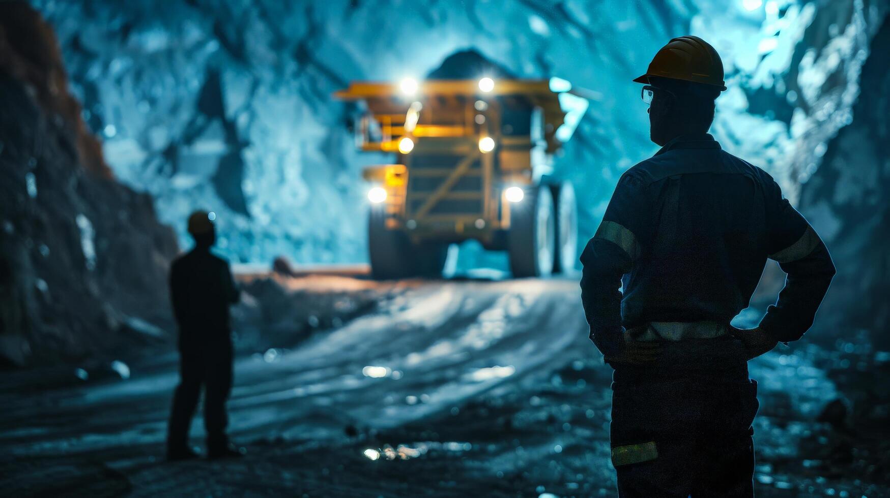 Two miners in hard hats and coveralls looking at a large yellow mining truck in an underground mine. photo