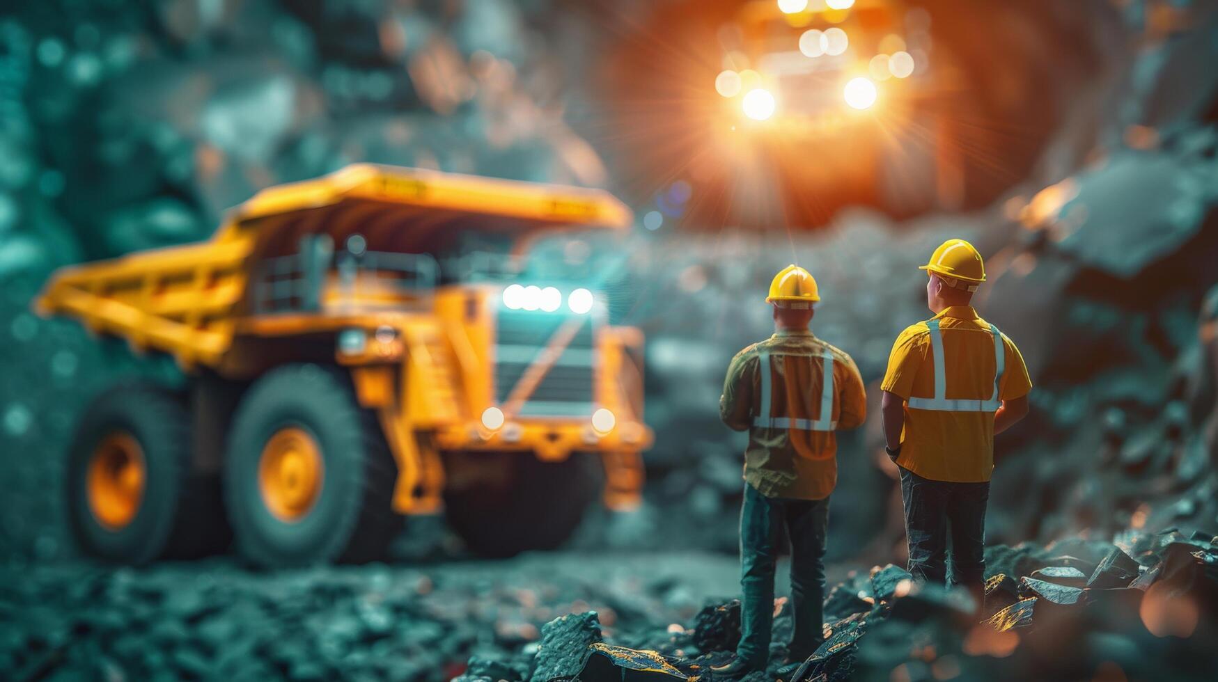 Two figurines of workers in hard hats and orange vests stand in front of a large yellow dump truck in a dark mine. photo