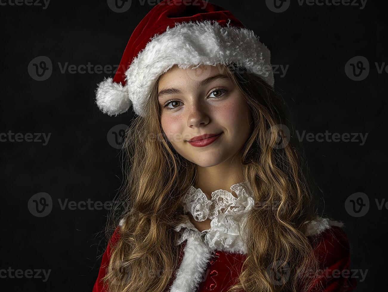 A young girl wearing a santa hat and posing for a photo