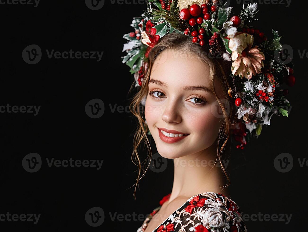 A beautiful young woman wearing a floral wreath photo