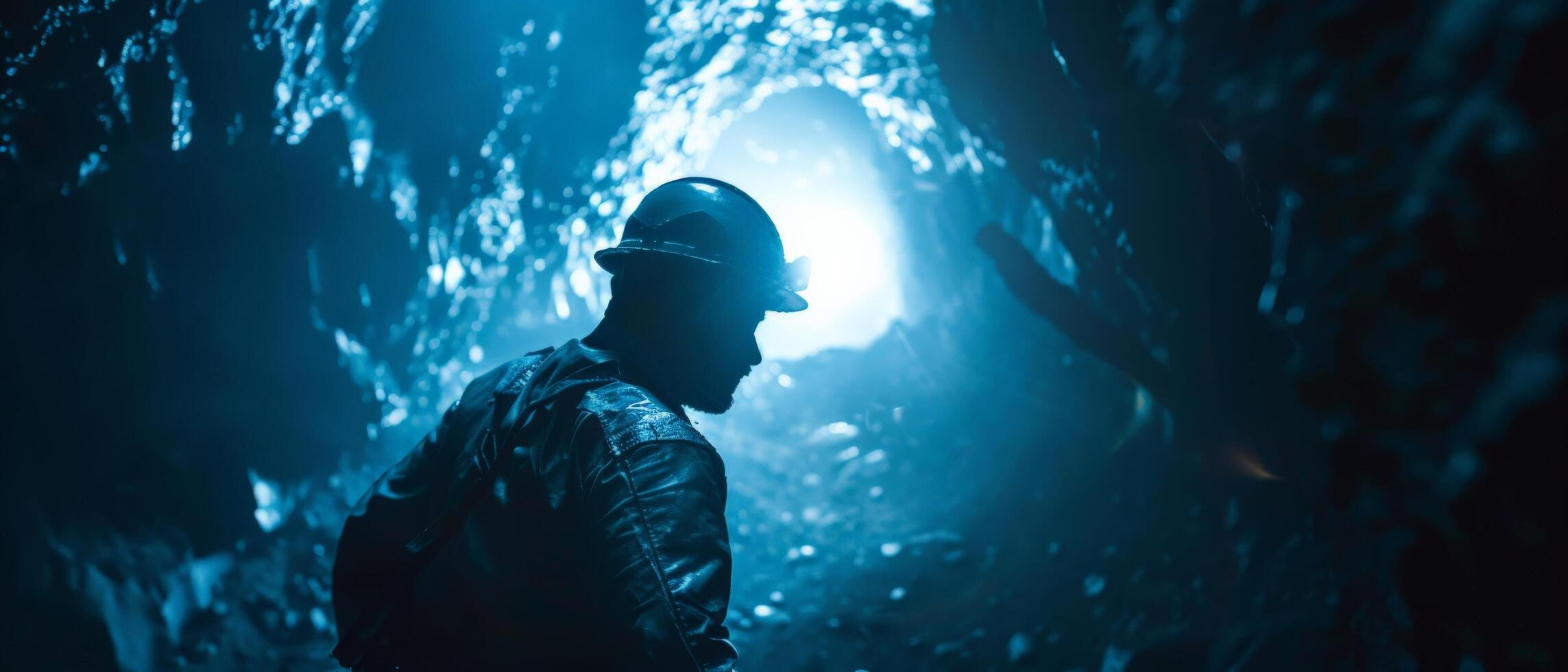 The silhouette of a man standing in a dark cave. photo