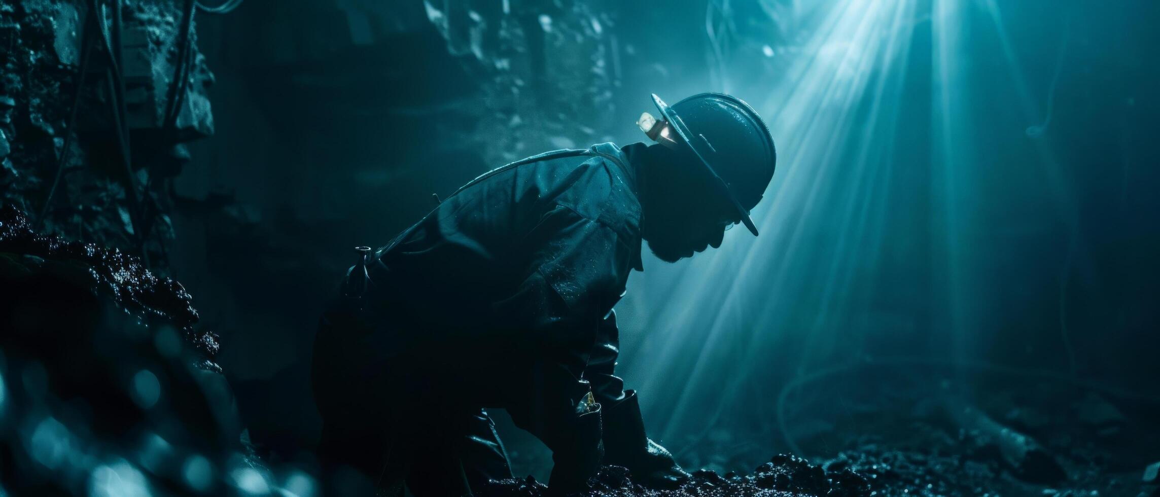 A dark figure explores a mysterious underwater cavern. photo