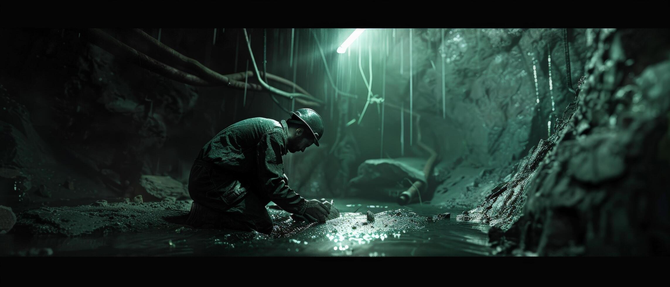 The image is a dark and mysterious cave photo