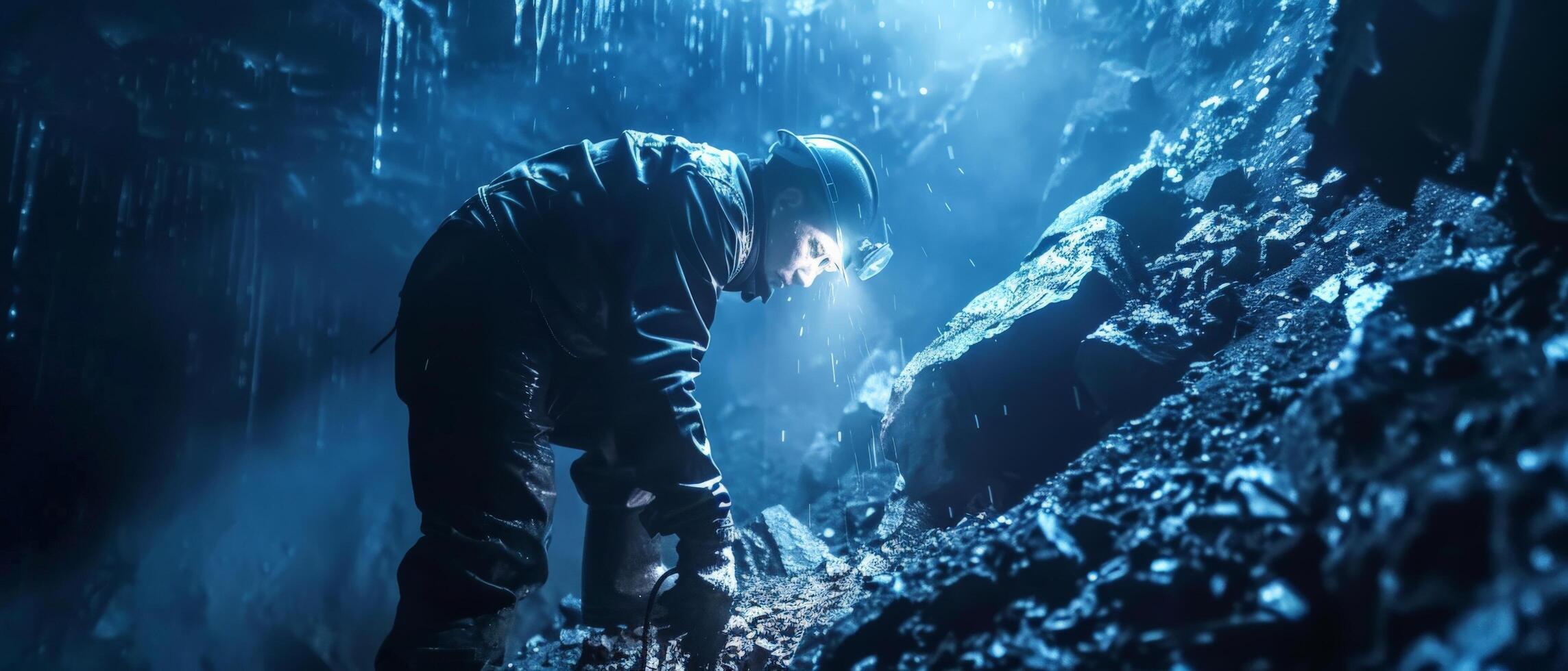 The photo shows a man exploring a dark cave. He is wearing a wetsuit and a headlamp. The cave is full of stalactites and stalagmites. The water is crystal clear.