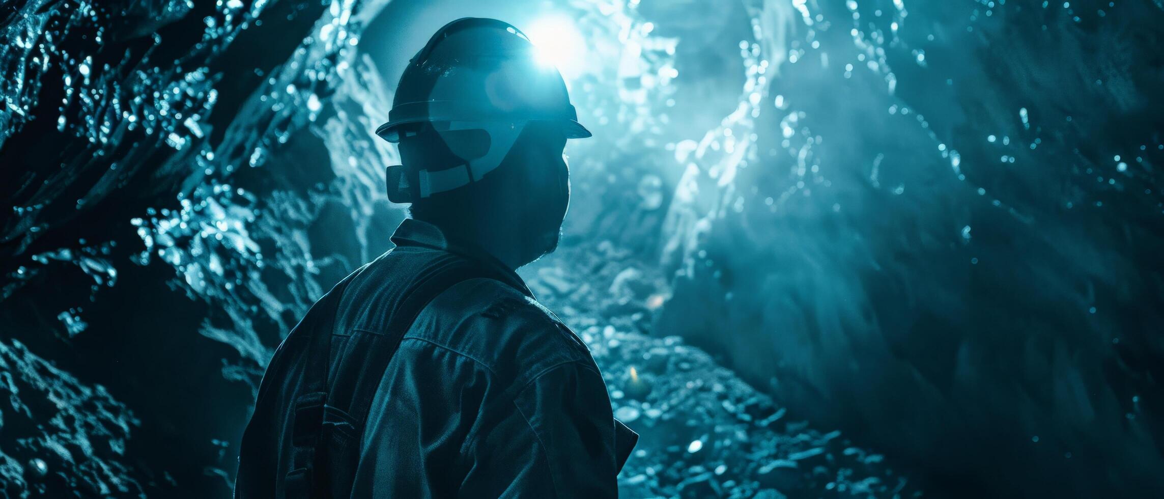 The photo shows a miner wearing a hard hat and headlamp, exploring a dark cave.