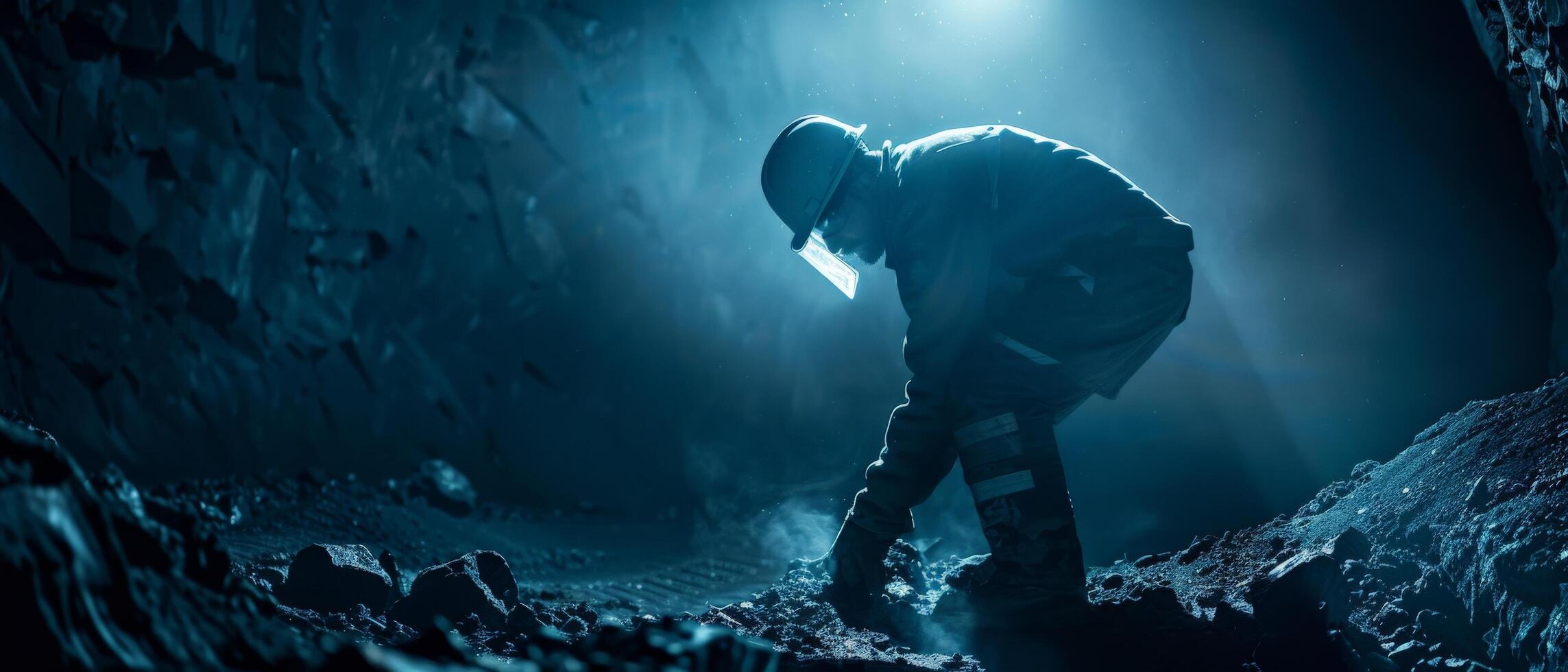 The photo shows a silhouette of a man working alone in a dark mine.