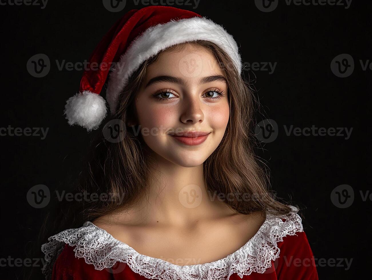 A beautiful young woman wearing a santa hat photo