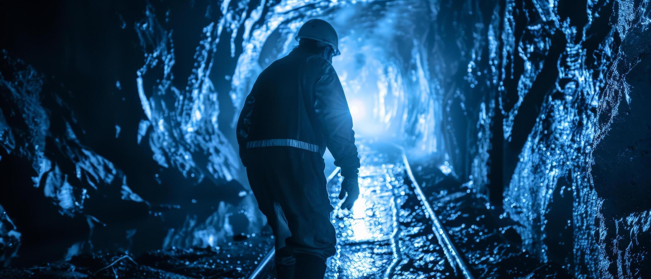 The photo shows a dark cave with blue glowing crystals on the walls. A lone figure in a dark coat is walking through it.