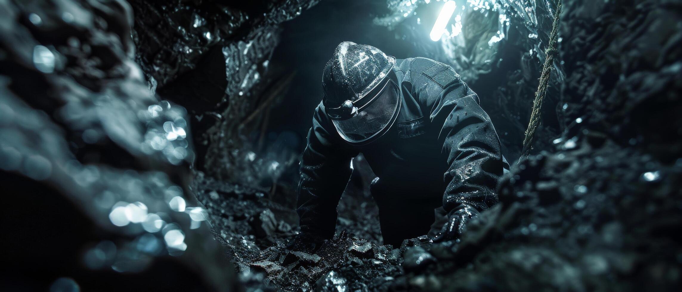 The image shows a person in a dark cave. photo