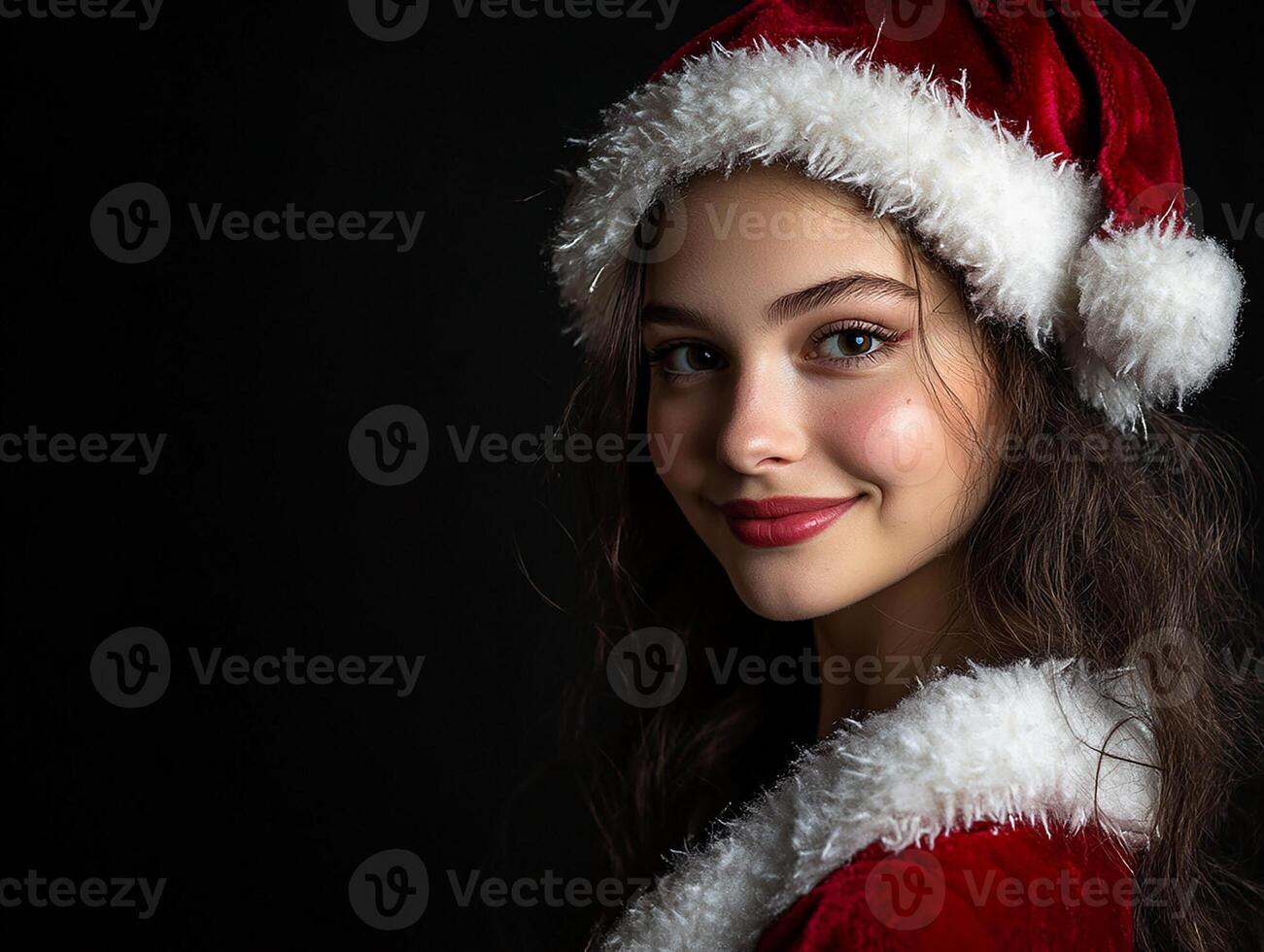 Beautiful young woman in santa hat on black background photo
