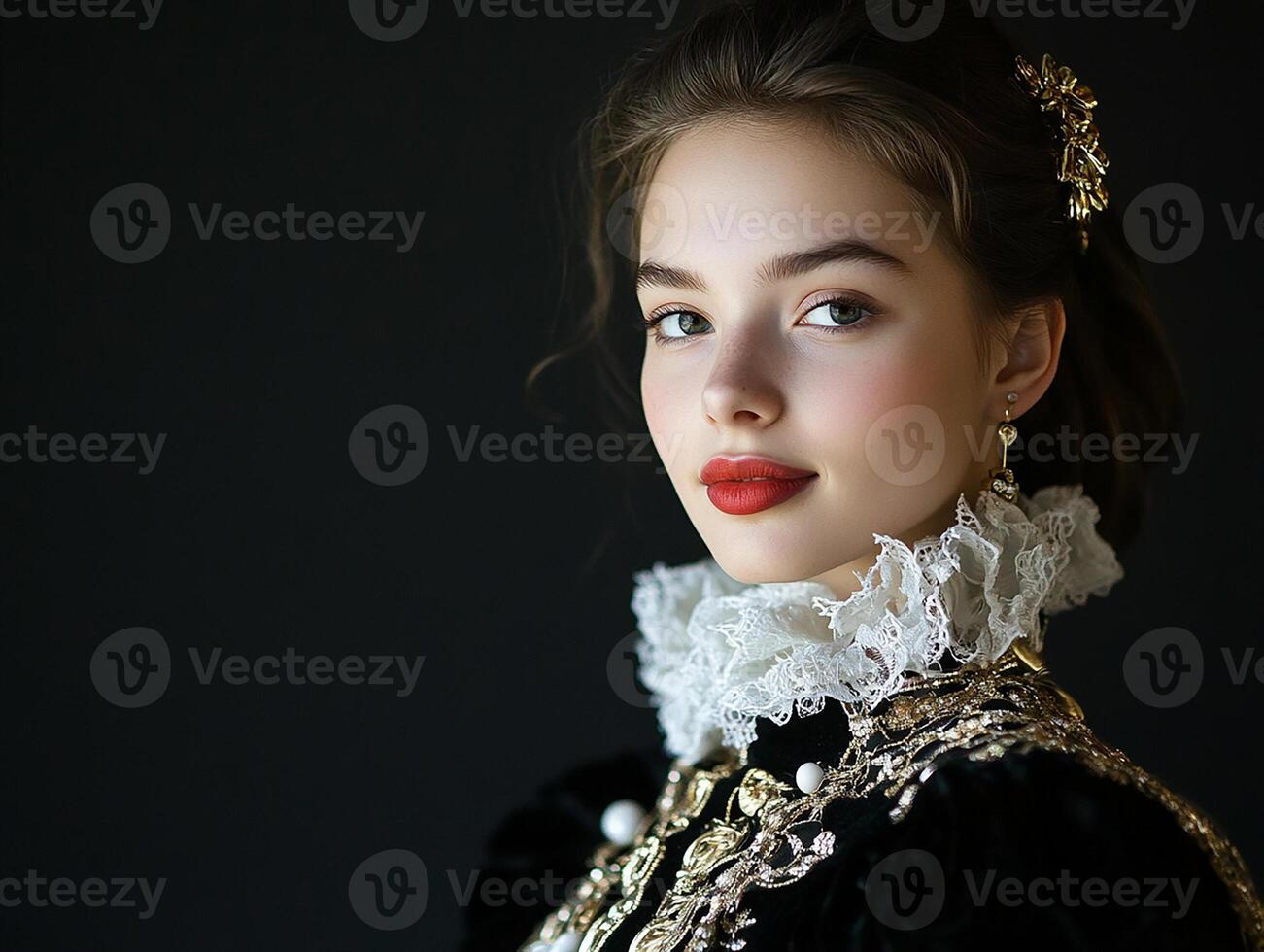A woman in a black dress with a white collar photo