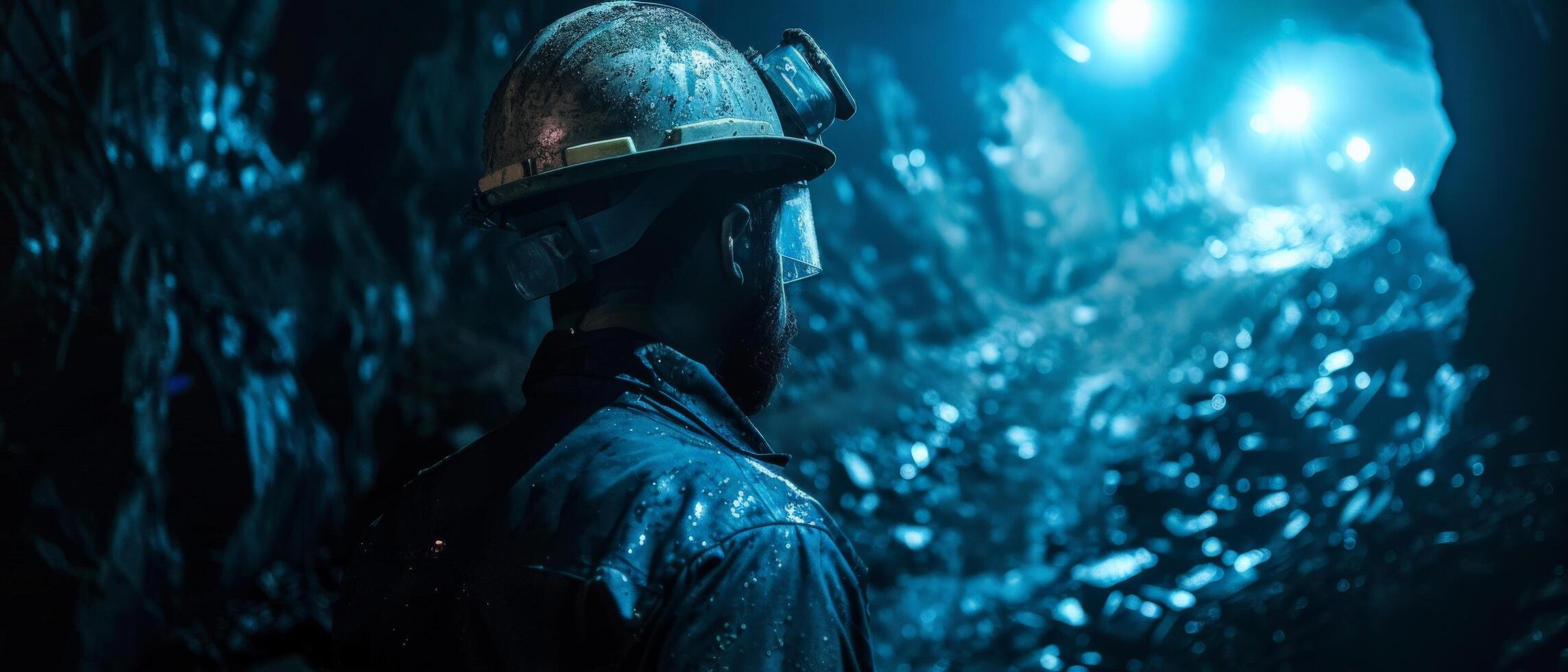 A miner wearing a hard hat and headlamp is working in a dark mine. photo
