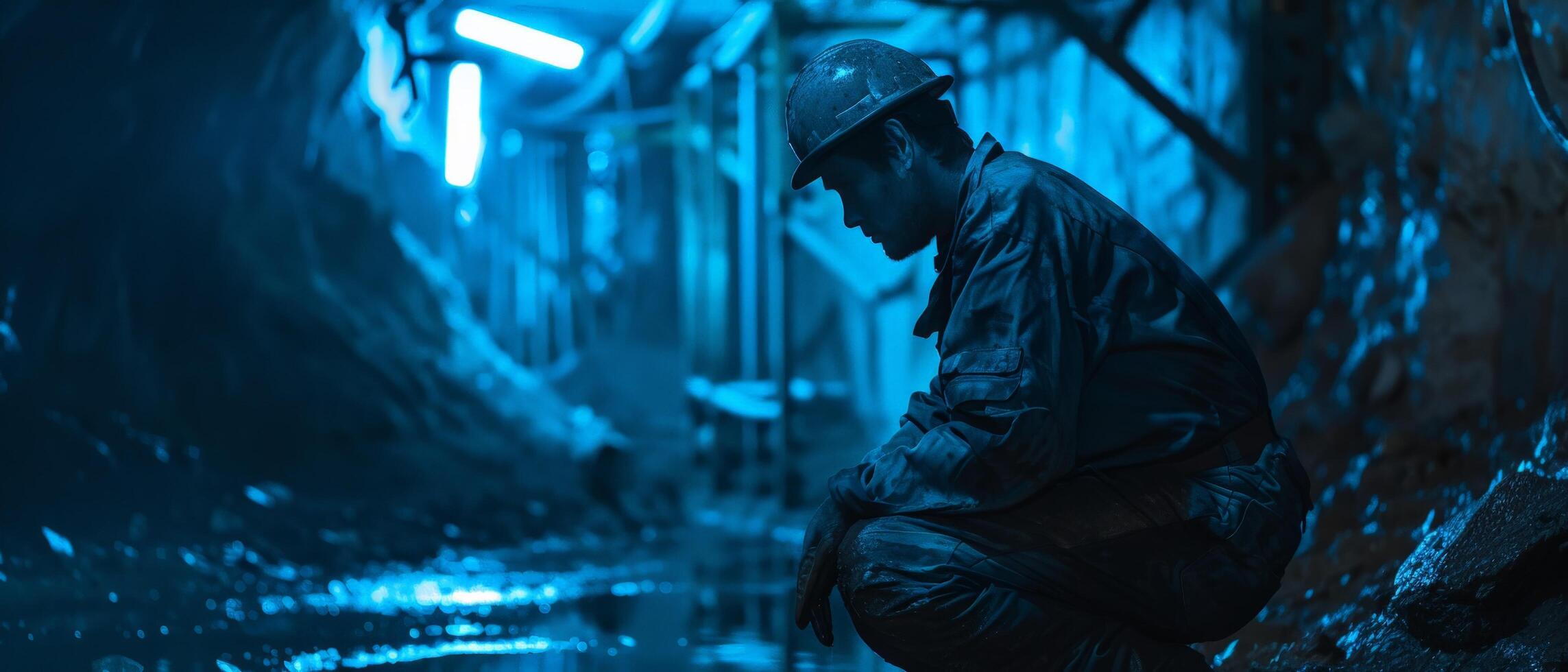 Blue-lit photo of a person in a dark alleyway.