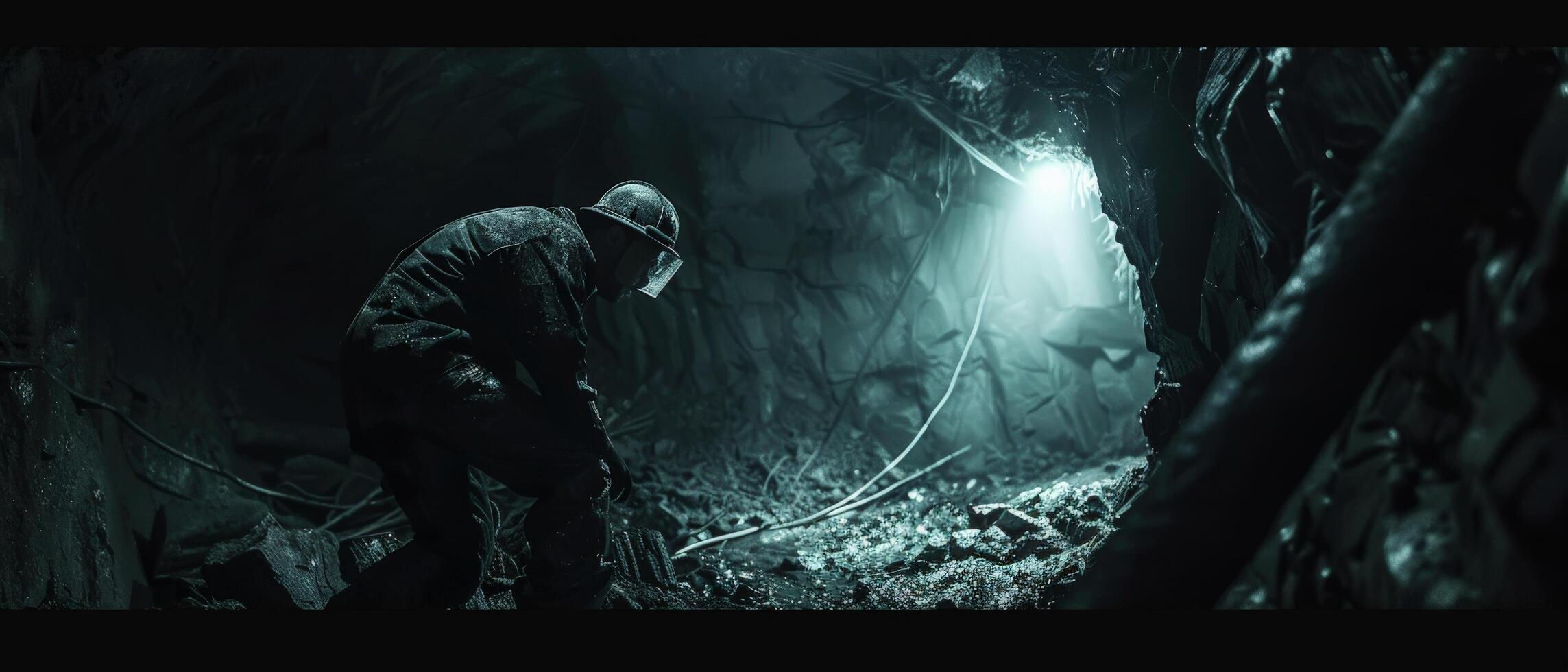 The photo shows a dark figure walking through a tunnel. The figure is wearing a helmet and carrying a gun. The tunnel is lit by a single light source at the end of the tunnel.