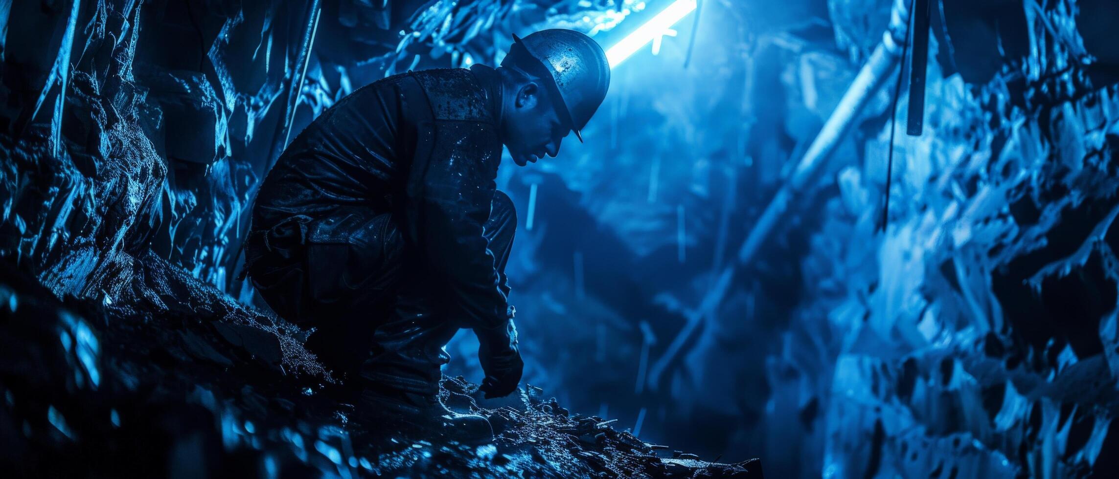 The photo shows a dark cave. A man with a flashlight is walking through the cave. The light from the flashlight is creating shadows on the walls of the cave.