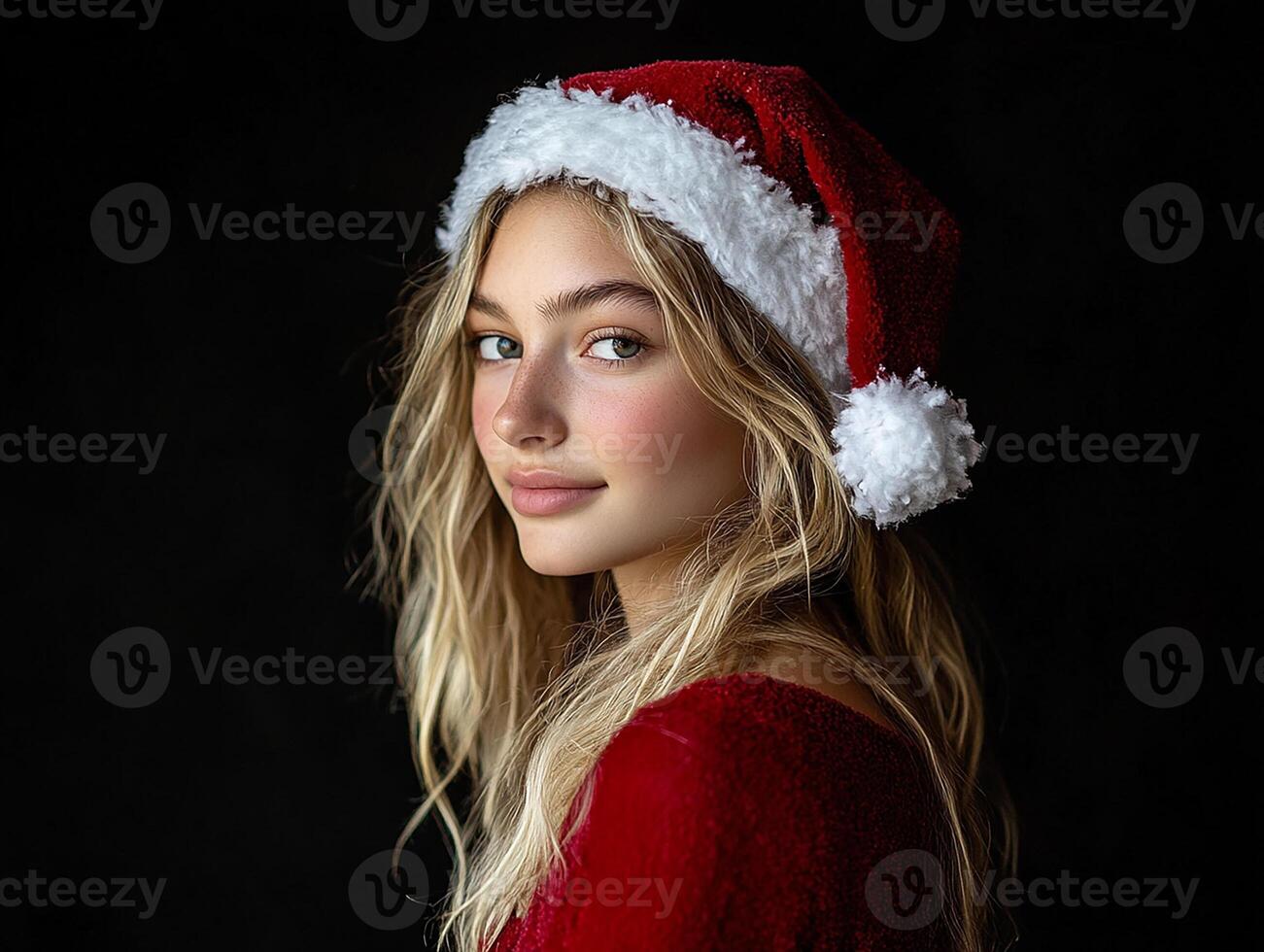 A beautiful young woman wearing a santa hat photo