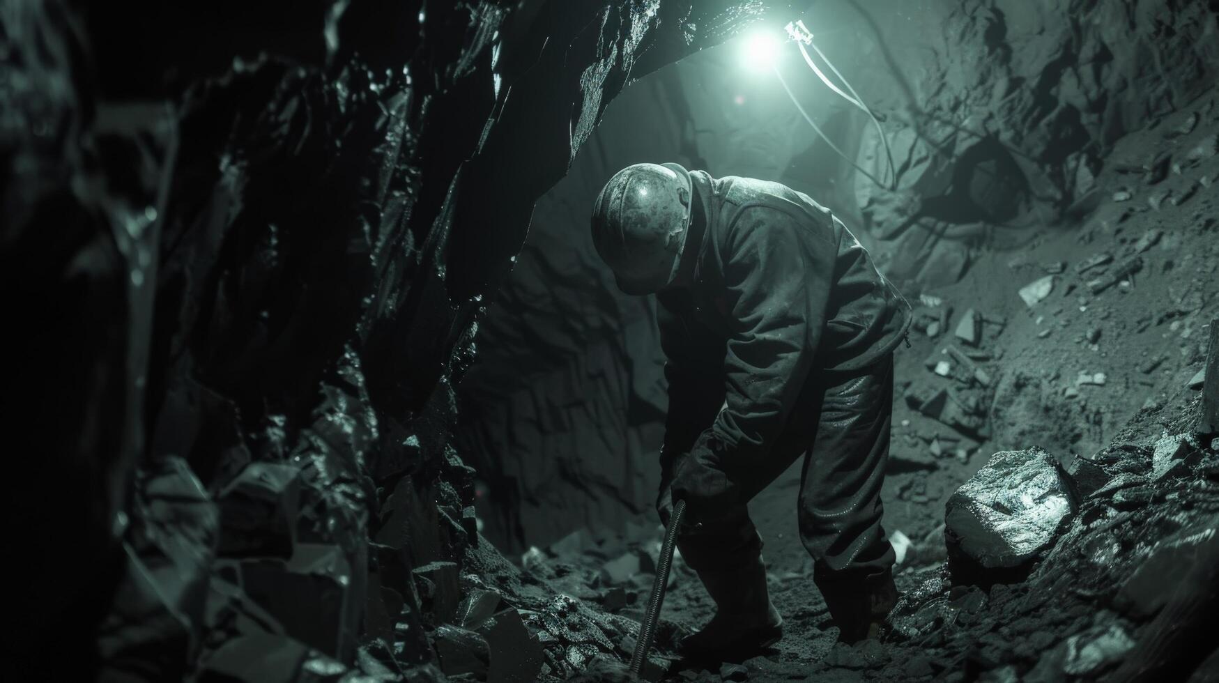 Miner working in a dark mine. photo