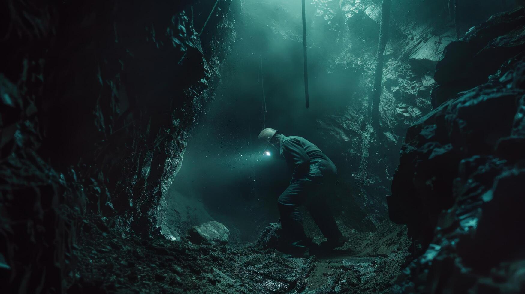 The dark cave is illuminated by a bright light photo