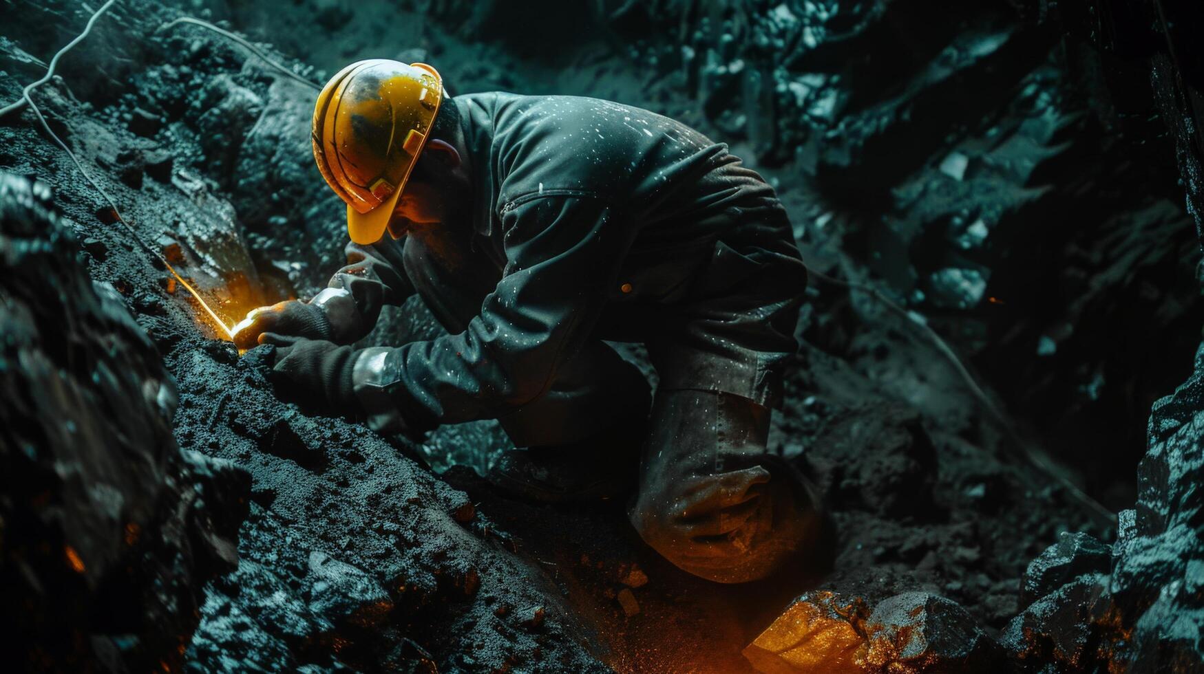 The image shows a miner working in a dark mine photo