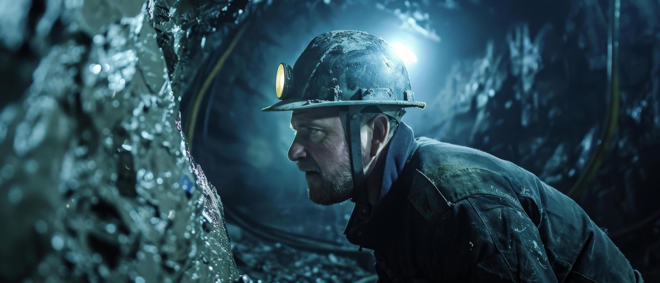 A brave miner searching for precious gems in a dark mine. photo