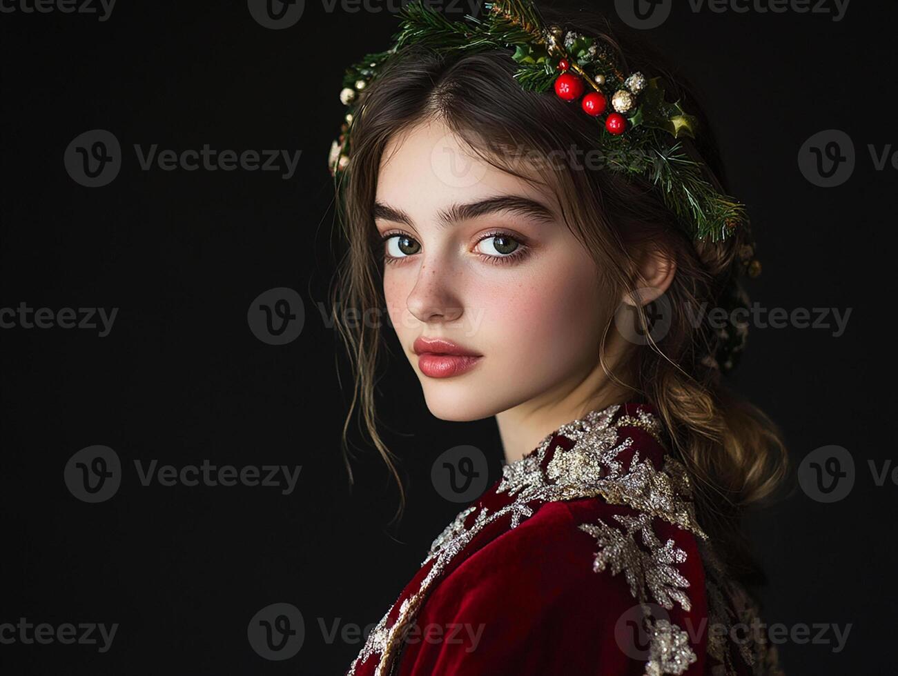 A girl wearing a red velvet dress and a wreath of holly photo