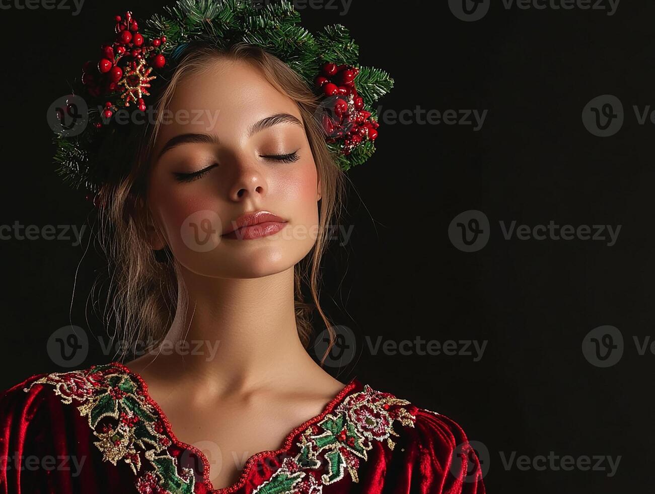 Beautiful young woman in red velvet dress with holly wreath on head photo
