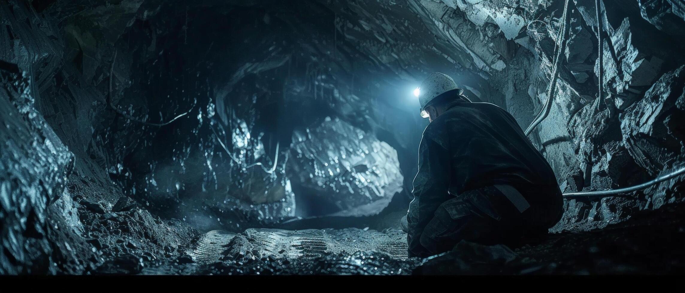 The image shows a dark cave with a large rock in the center. The rock is illuminated by a bright light. photo