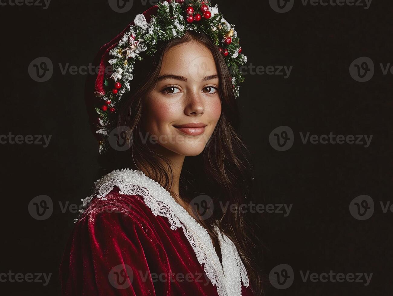 A beautiful young woman in a red velvet dress and a wreath photo