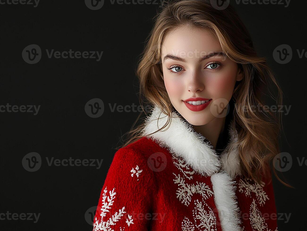 A beautiful young woman in a red and white christmas sweater photo