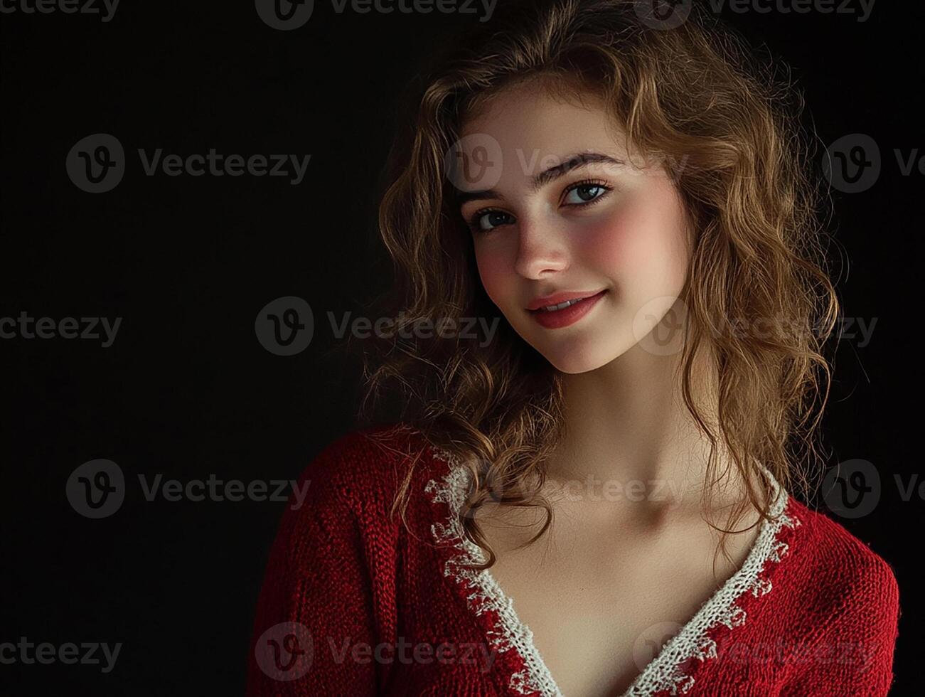 A beautiful young woman in a red sweater photo
