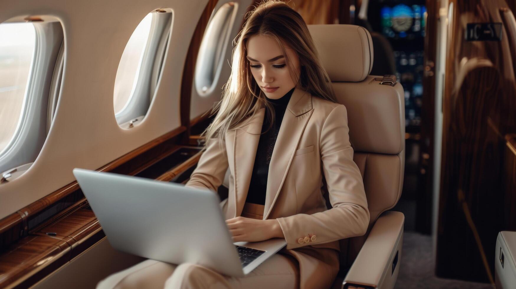 Young businesswoman working on laptop in private jet photo