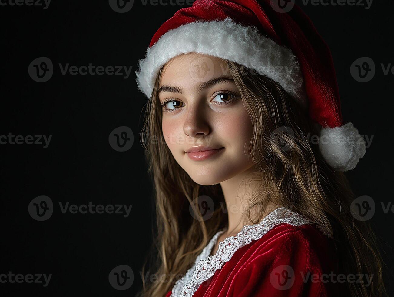 A young girl wearing a santa hat and a red dress photo