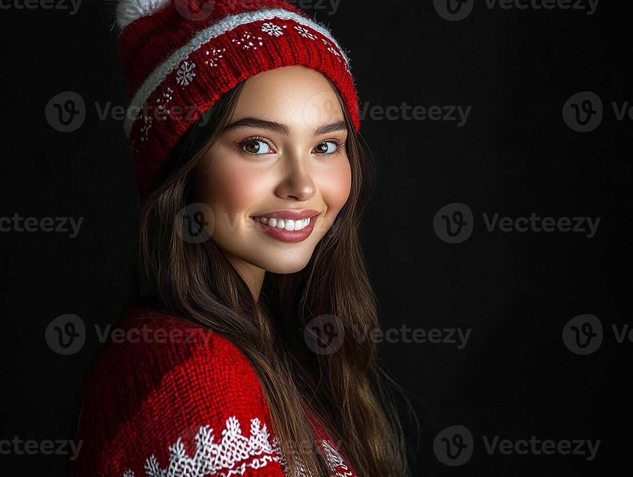 A woman in a red sweater and hat photo