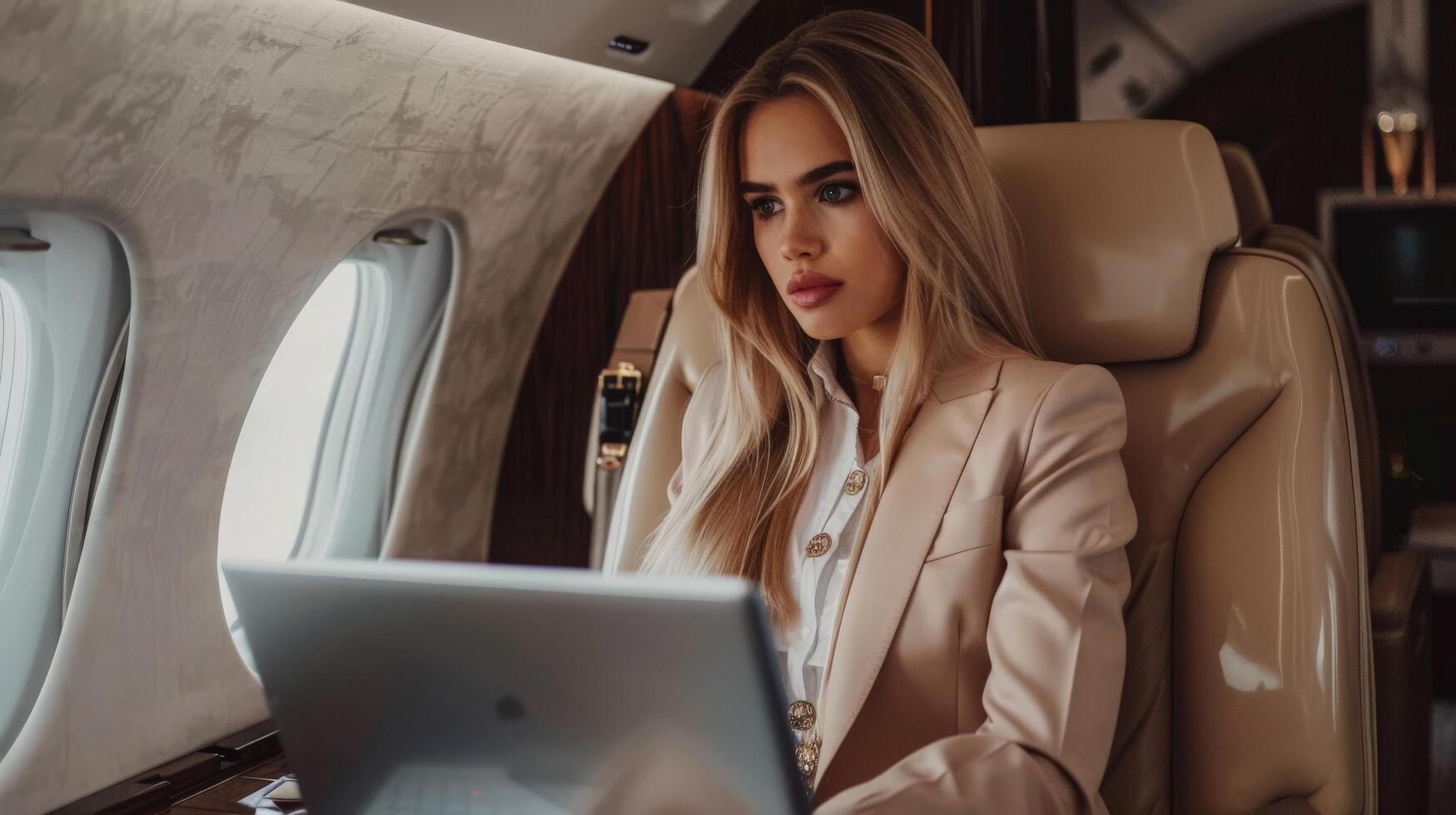 A beautiful young woman is sitting in a private jet and working on her laptop photo