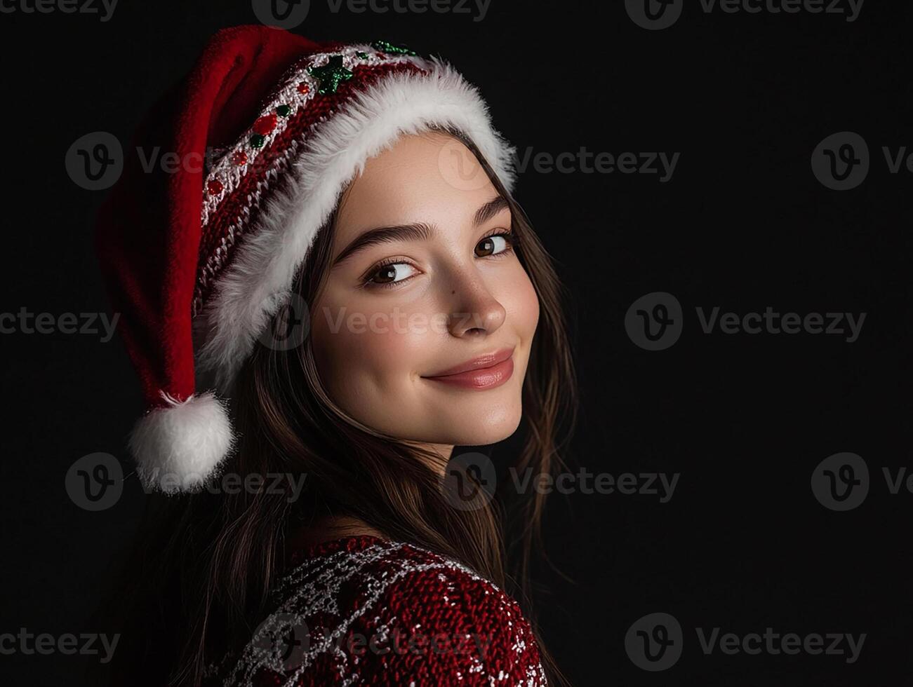 A beautiful young woman wearing a santa hat photo