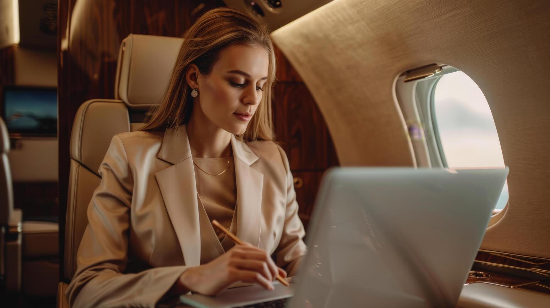 A beautiful young woman is sitting in a private jet and working on her laptop. She is wearing a beige suit and has her hair in a bun. The jet is flying high above the clouds. photo