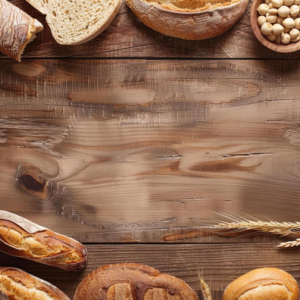 Various types of bread on a wooden table. photo