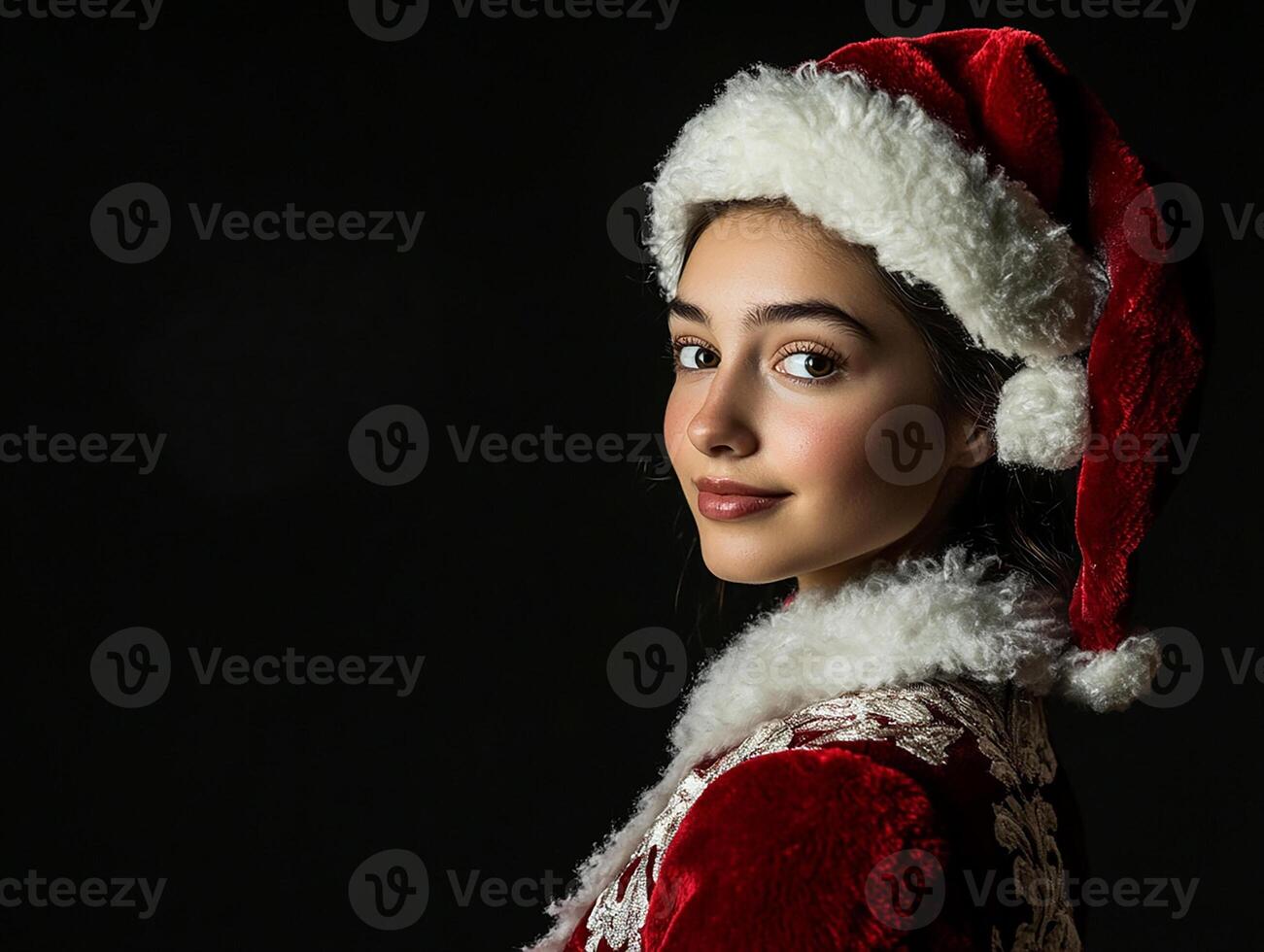 A young woman wearing a santa hat and a red dress photo