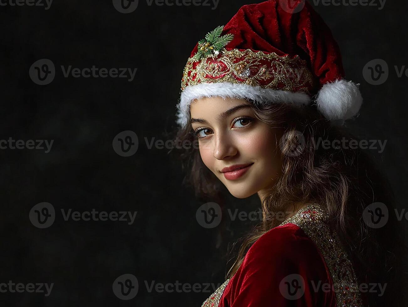 A beautiful young woman wearing a santa hat photo