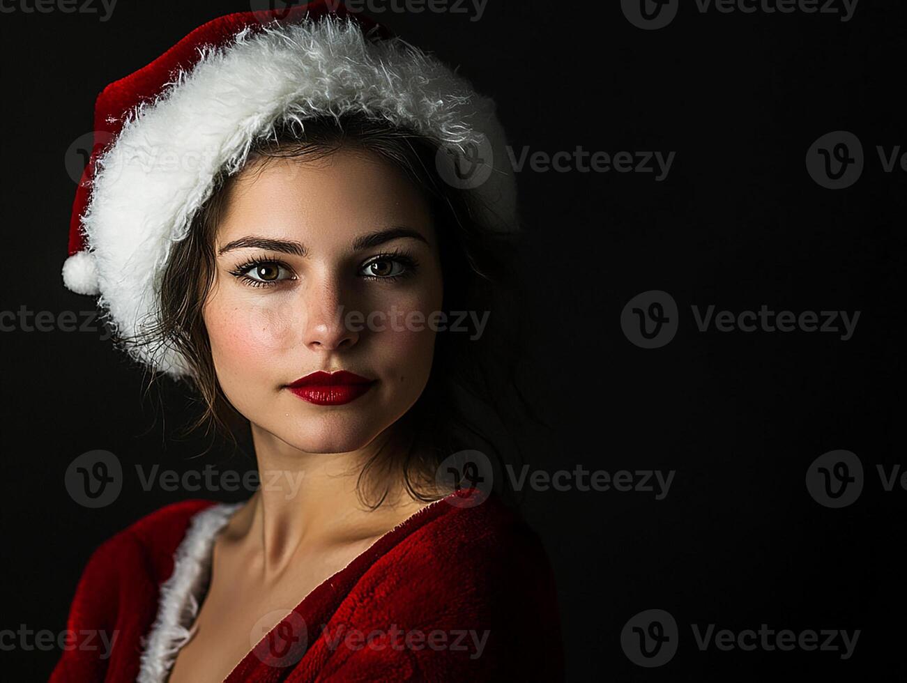 A beautiful woman wearing a santa hat photo