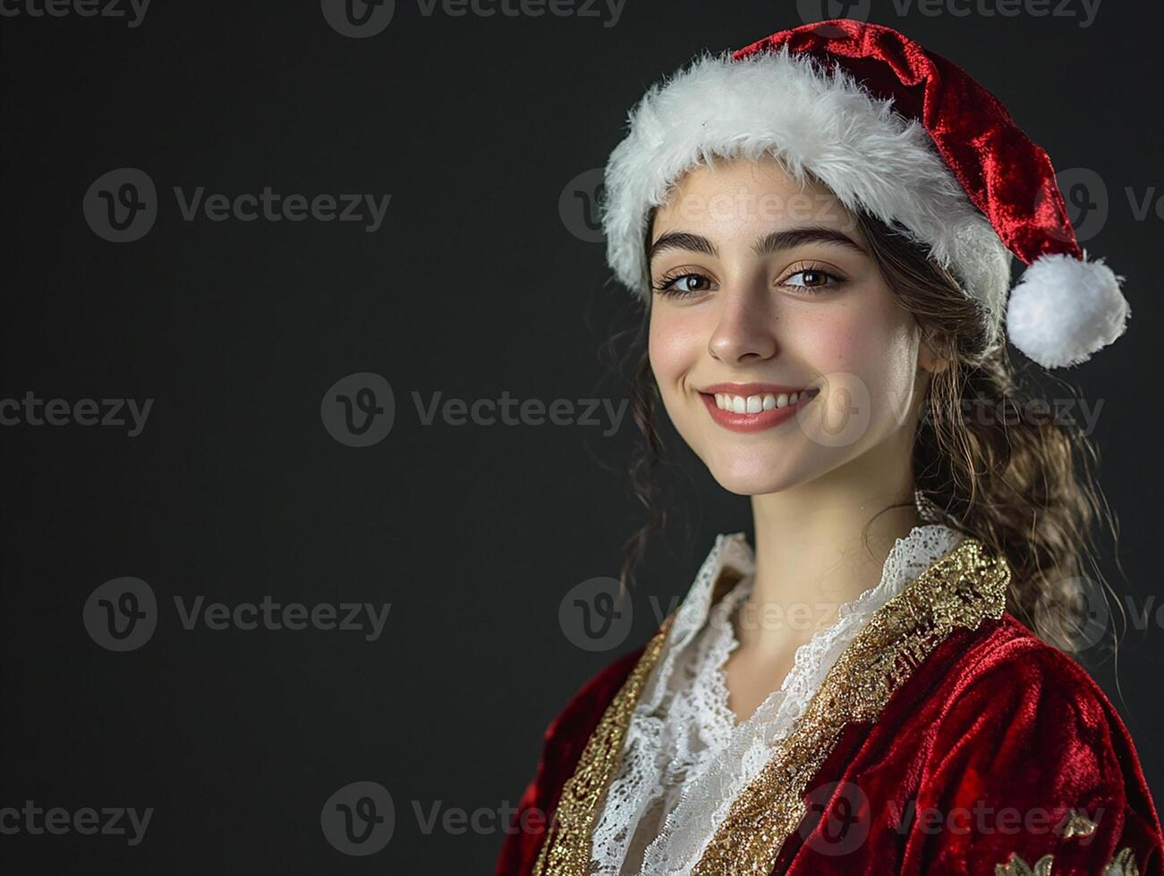 A young woman in a santa hat photo