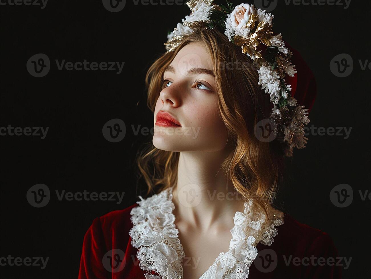 A woman wearing a red velvet dress and a flower crown photo