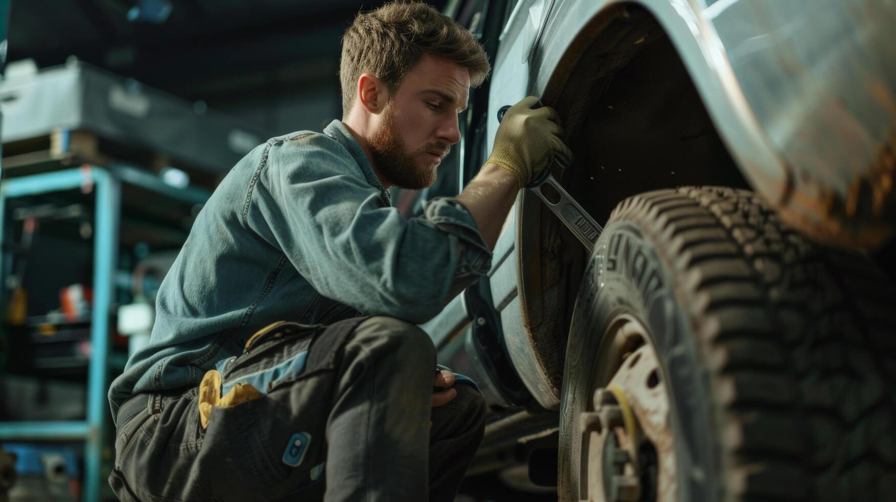 Auto mechanic changing a tire with a lug wrench. photo