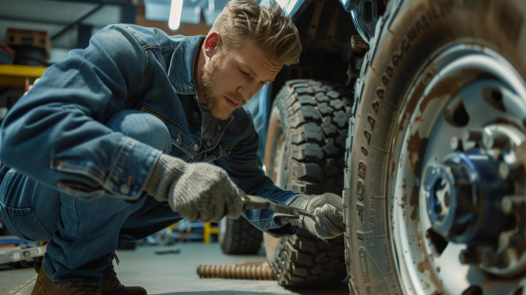 Auto mechanic in blue workwear changing tire with wrench in car repair shop photo