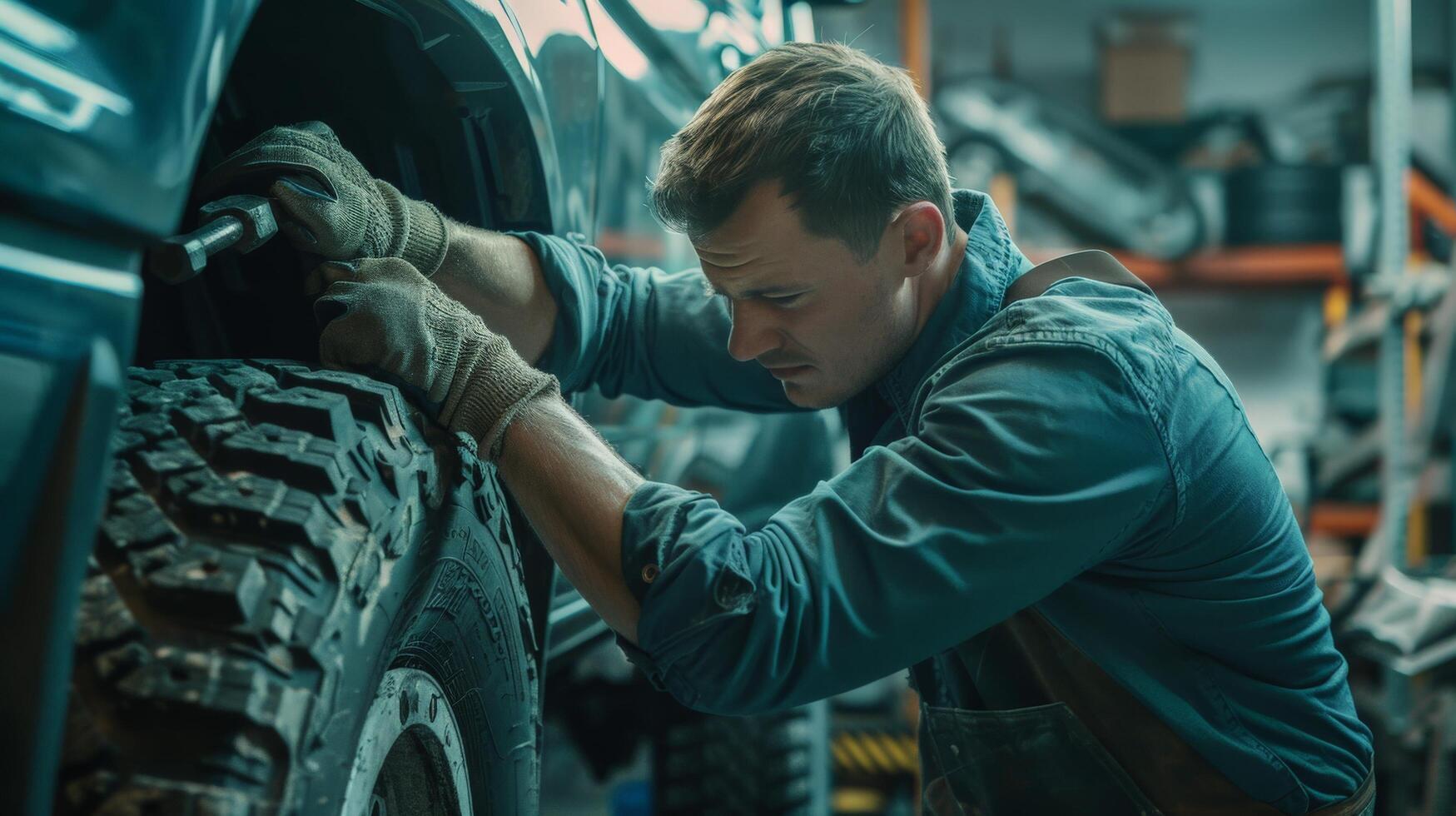 A mechanic in dirty work clothes is repairing a car in a garage. photo