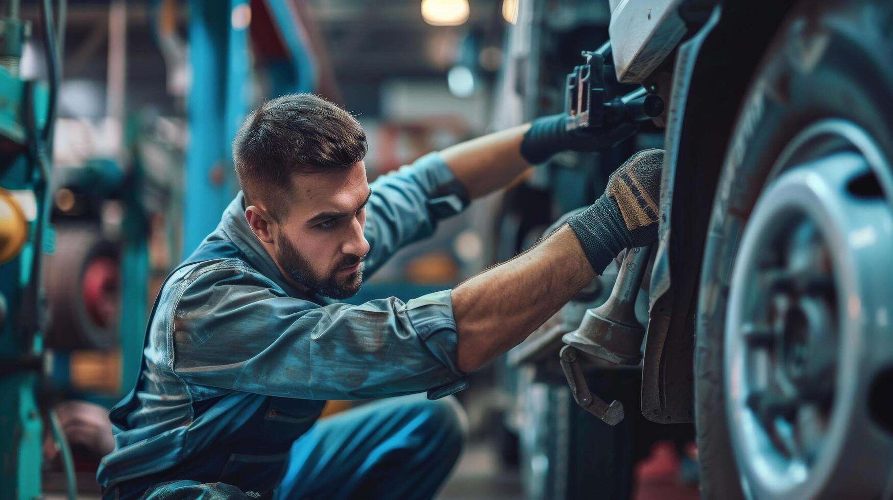 Auto mechanic in uniform is repairing a car in his garage photo